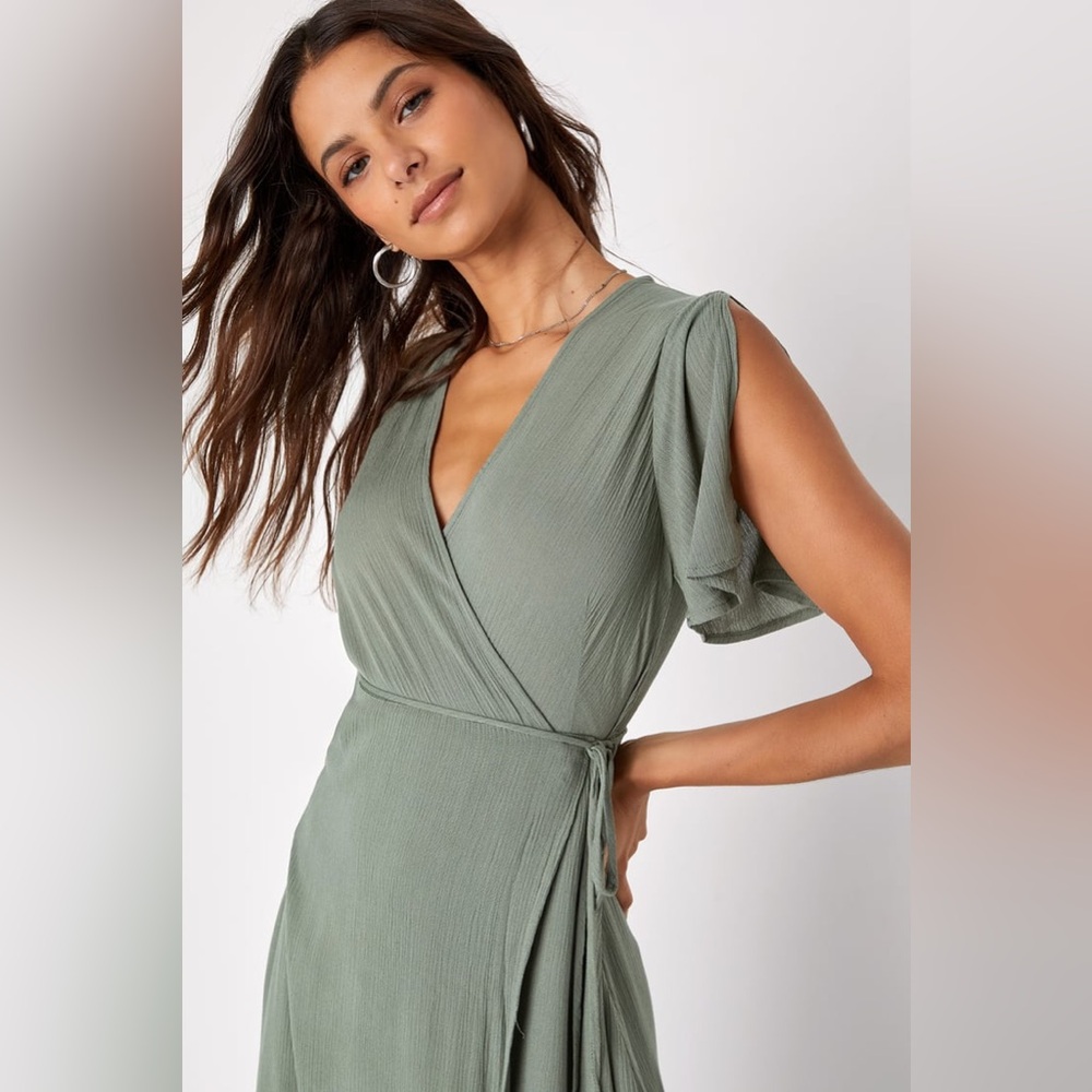 Much Obliged Washed Olive Green Wrap Maxi Dress - NWT